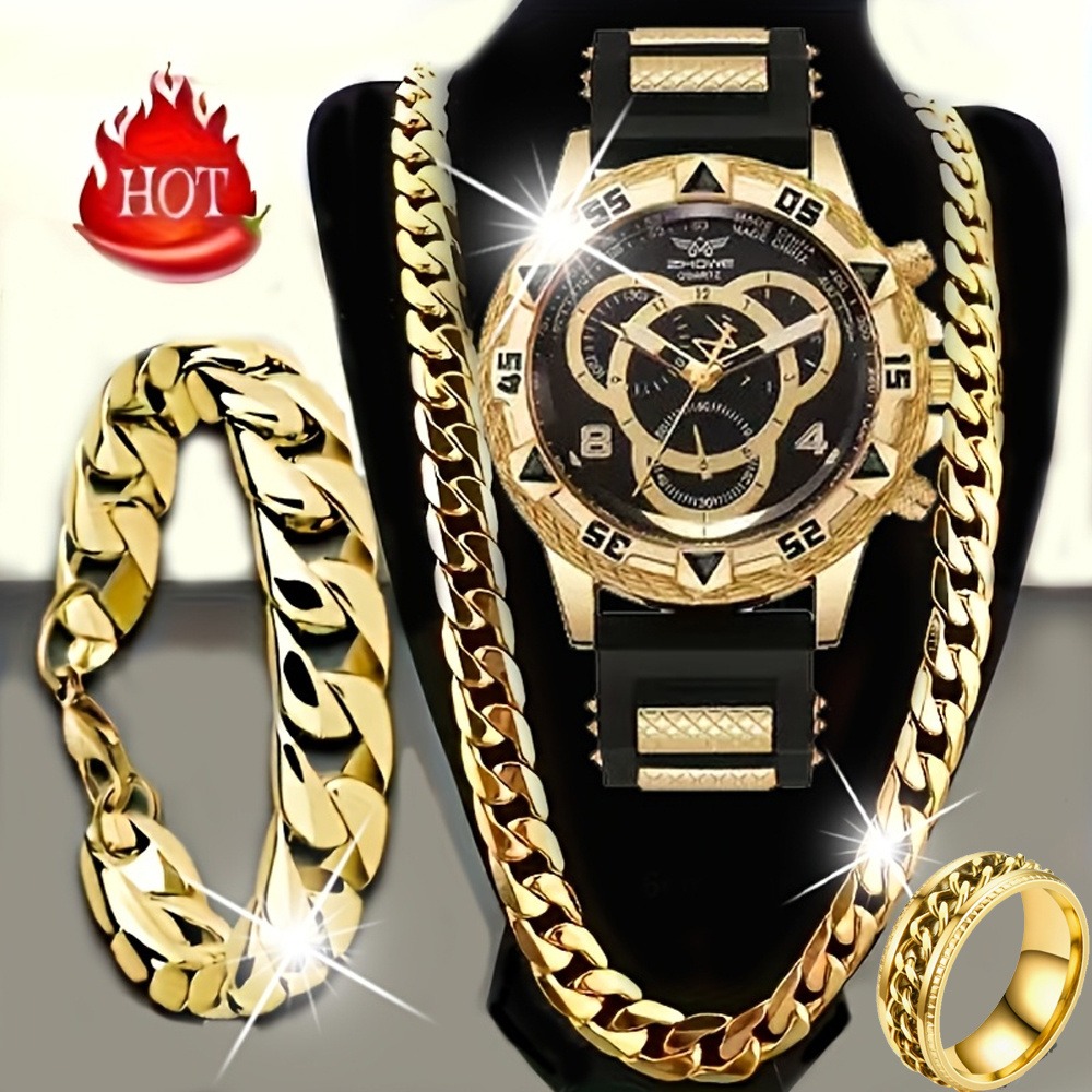 Jewels On Watches - 4‑Piece Luxury Men’s Watch and Jewelry