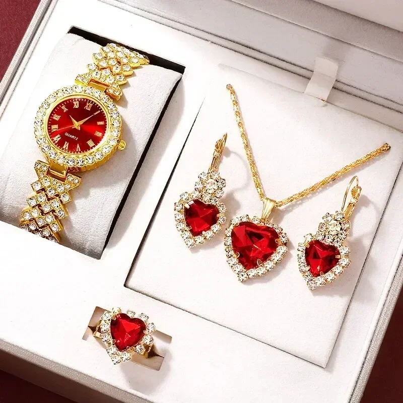 Jewels On Watches - Golden Luxury Watch Women Ring Necklace
